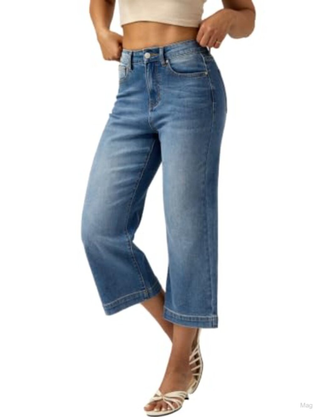 Women's High Waisted Wide Leg Stretch Denim Jeans Five Pocket Cropped